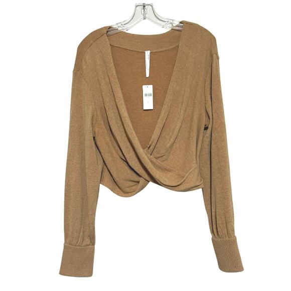 Anthropologie Tan Cropped Twist Front V-Neck Long Sleeves Sweater Size M - Picture 2 of 9